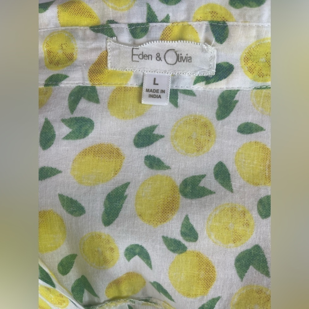 Casual V-Neck Cuffed Long Sleeves Cotton Blouse A-Line Lemon Print - Picture 10 of 11
